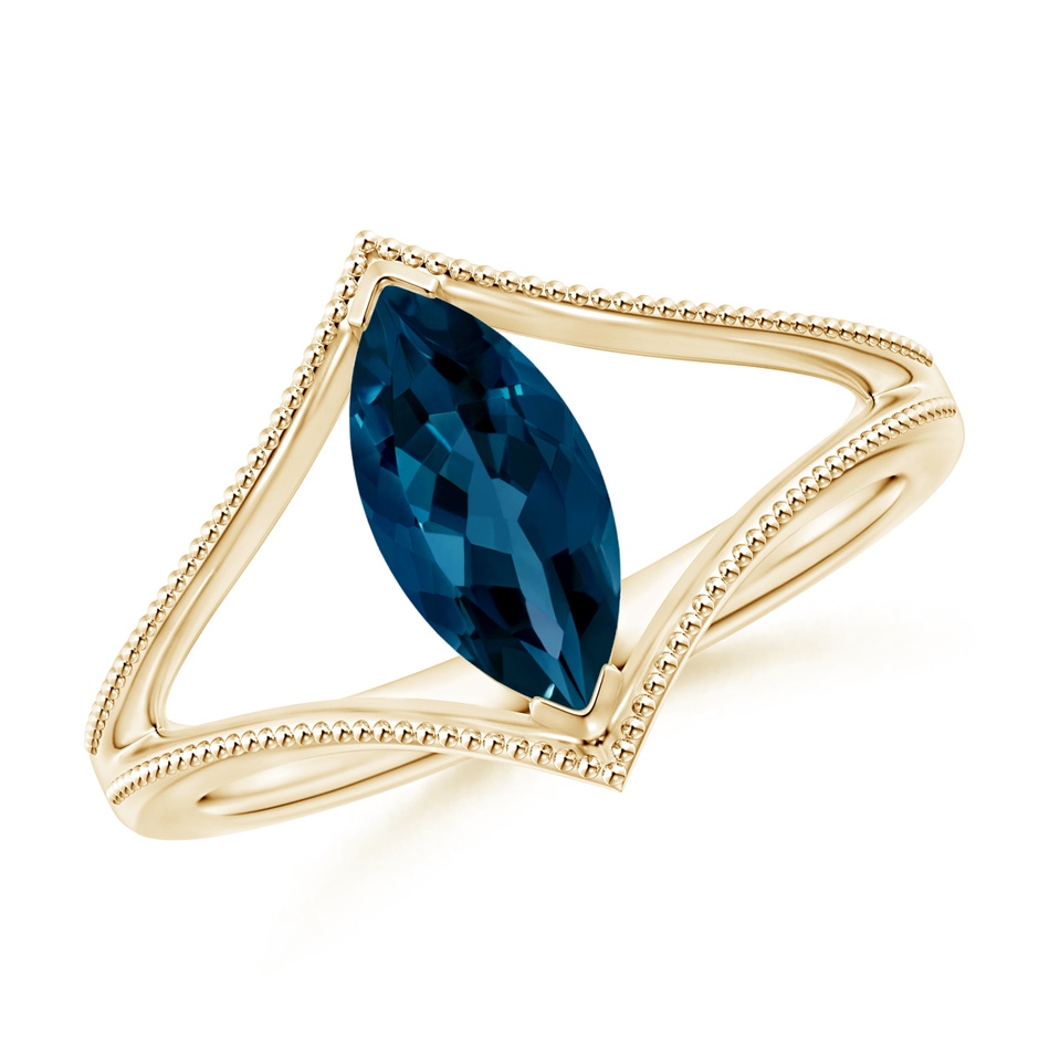 10x5mm AAAA Marquise London Blue Topaz Split Shank Ring with Milgrain in Yellow Gold 