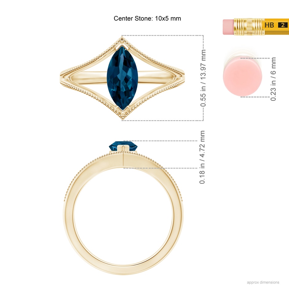 10x5mm AAAA Marquise London Blue Topaz Split Shank Ring with Milgrain in Yellow Gold ruler