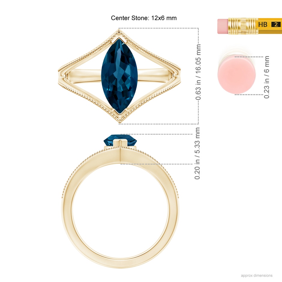 12x6mm AAAA Marquise London Blue Topaz Split Shank Ring with Milgrain in Yellow Gold ruler