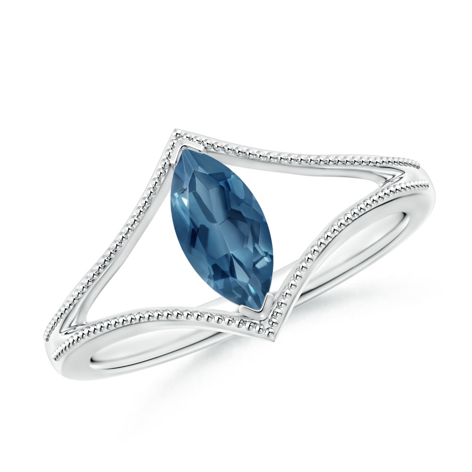 8x4mm A Marquise London Blue Topaz Split Shank Ring with Milgrain in White Gold 