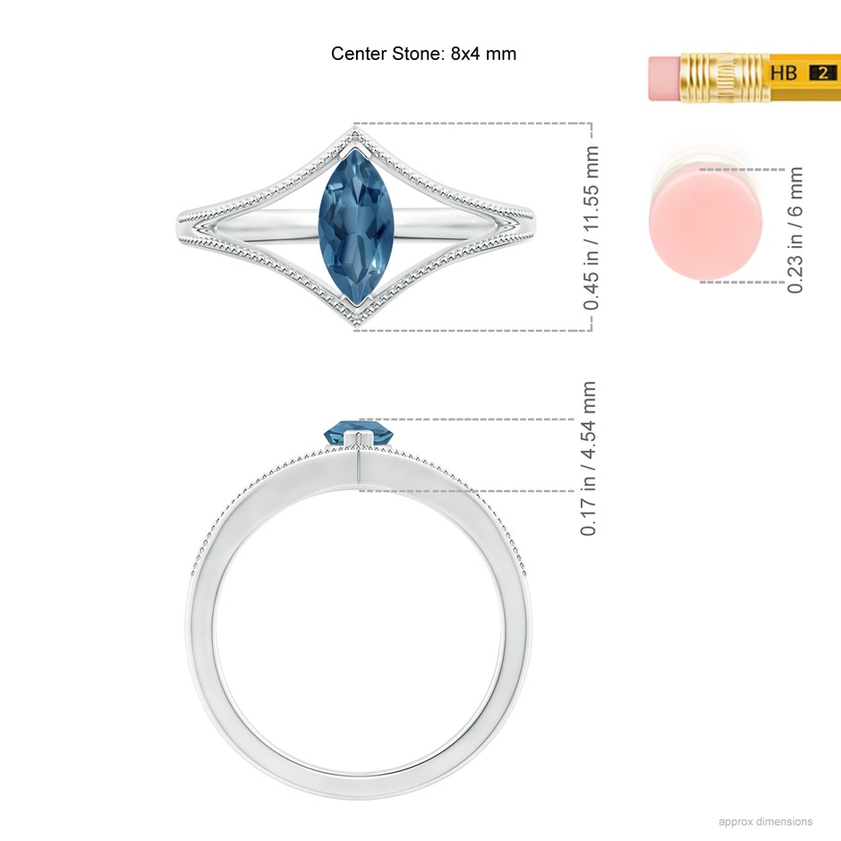 8x4mm A Marquise London Blue Topaz Split Shank Ring with Milgrain in White Gold ruler