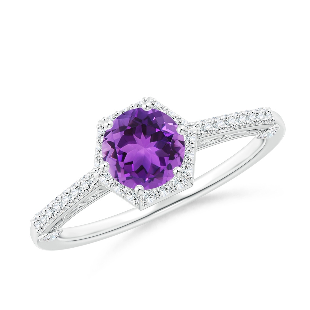 6mm AAA Round Amethyst Hexagonal Halo Ring with Filigree in White Gold