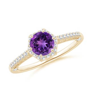 6mm AAAA Round Amethyst Hexagonal Halo Ring with Filigree in Yellow Gold