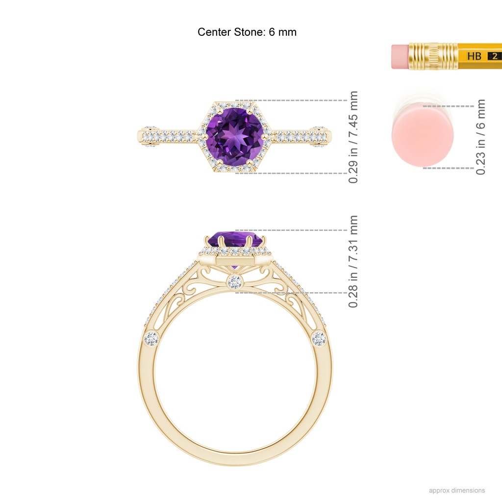 6mm AAAA Round Amethyst Hexagonal Halo Ring with Filigree in Yellow Gold Ruler