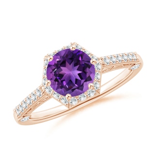 7mm AAAA Round Amethyst Hexagonal Halo Ring with Filigree in Rose Gold