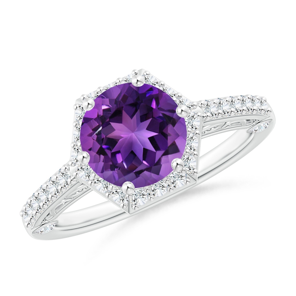 8mm AAAA Round Amethyst Hexagonal Halo Ring with Filigree in White Gold