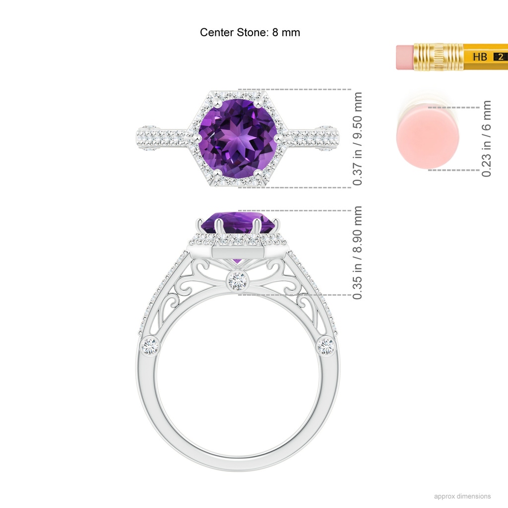 8mm AAAA Round Amethyst Hexagonal Halo Ring with Filigree in White Gold Ruler
