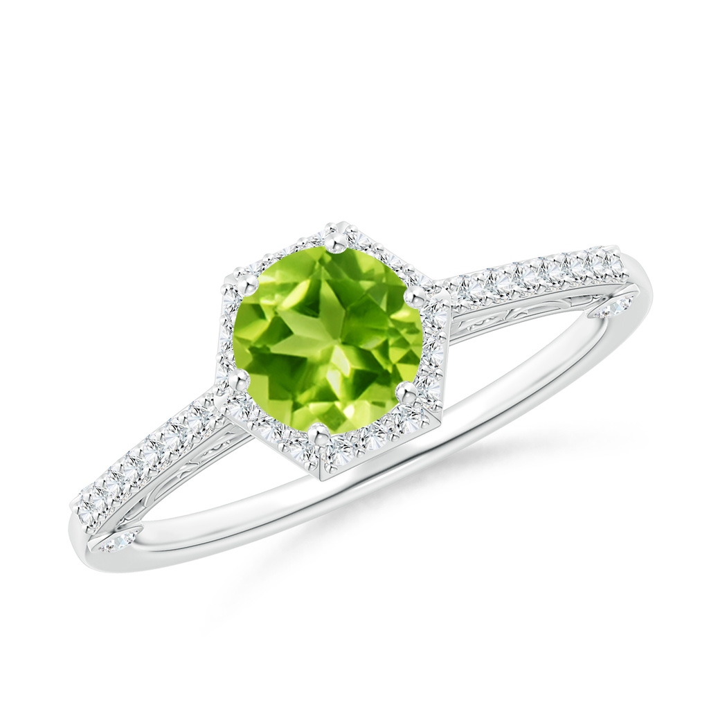 6mm AAA Round Peridot Hexagonal Halo Ring with Filigree in White Gold