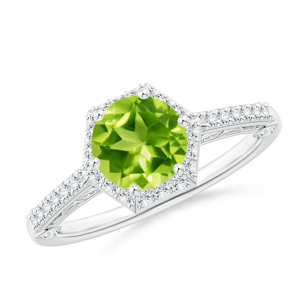 7mm AAA Round Peridot Hexagonal Halo Ring with Filigree in White Gold
