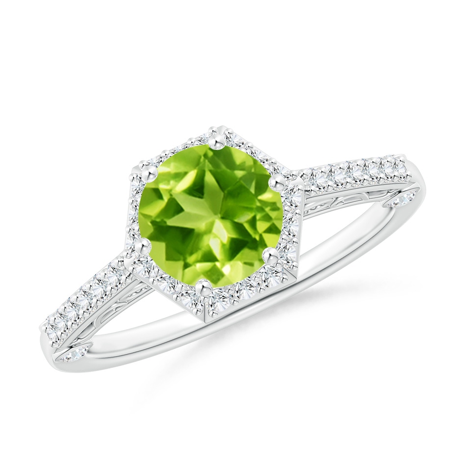 7mm AAA Round Peridot Hexagonal Halo Ring with Filigree in White Gold 