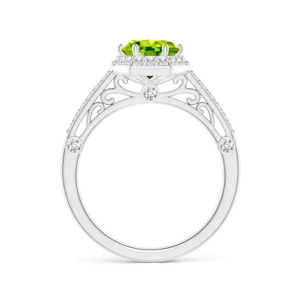 7mm AAA Round Peridot Hexagonal Halo Ring with Filigree in White Gold Side 1