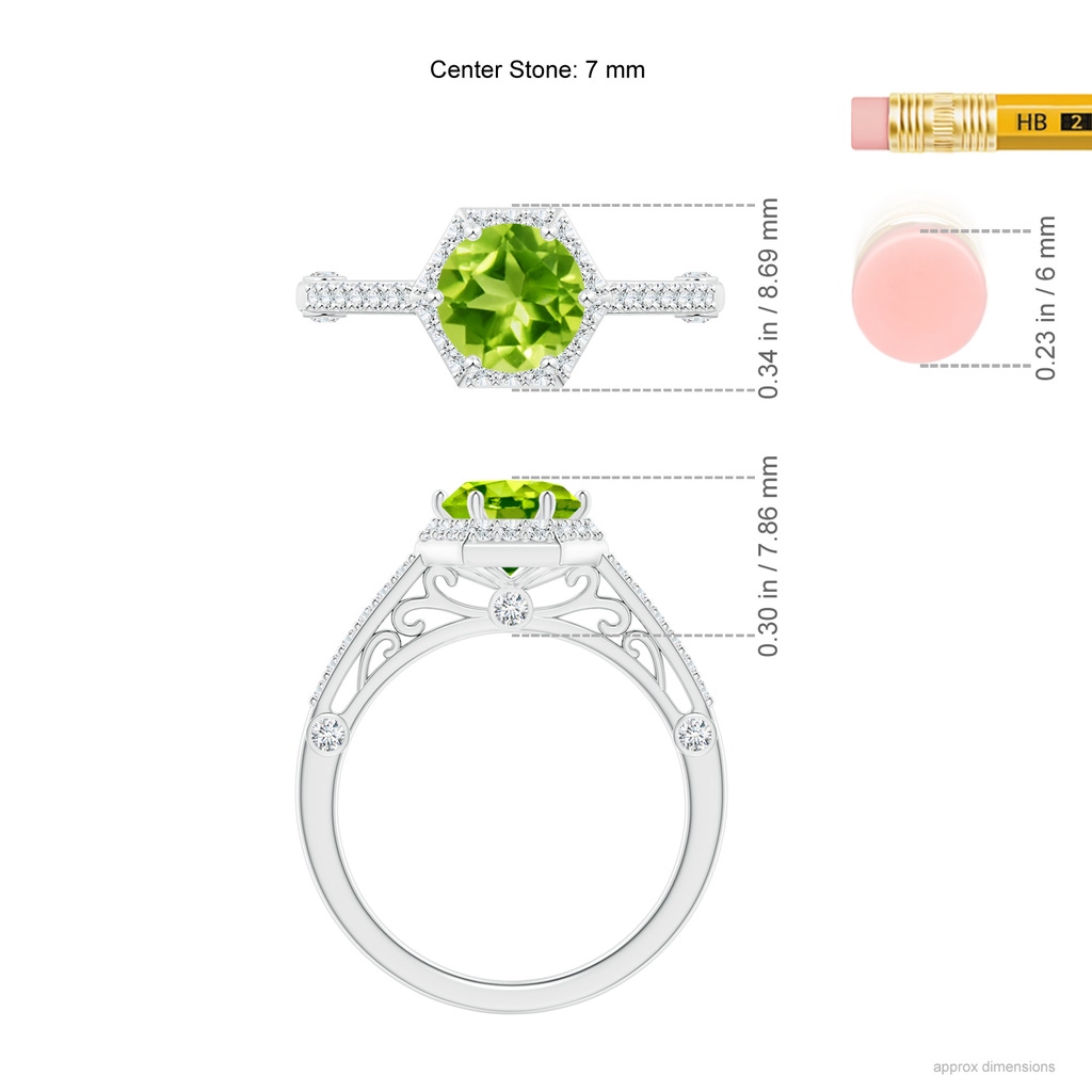 7mm AAA Round Peridot Hexagonal Halo Ring with Filigree in White Gold Ruler