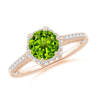 7mm AAAA Round Peridot Hexagonal Halo Ring with Filigree in Rose Gold