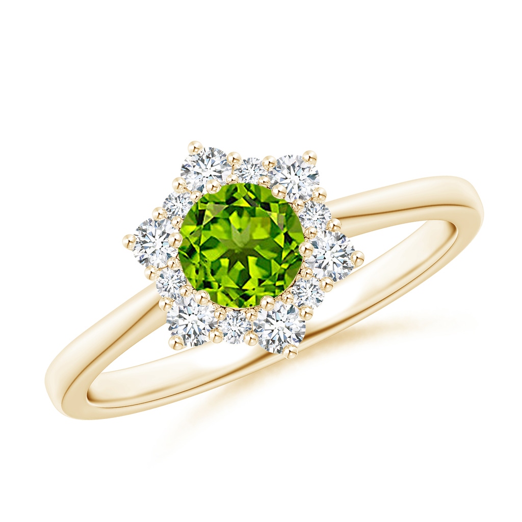 5mm AAAA Peridot and Diamond Floral Halo Engagement Ring in Yellow Gold