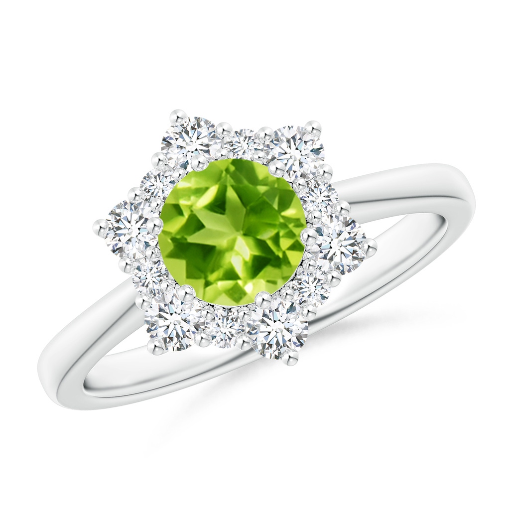 6mm AAA Peridot and Diamond Floral Halo Engagement Ring in White Gold