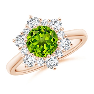 7mm AAAA Peridot and Diamond Floral Halo Engagement Ring in Rose Gold