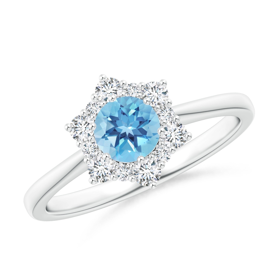 5mm A Swiss Blue Topaz and Diamond Floral Halo Engagement Ring in White Gold 