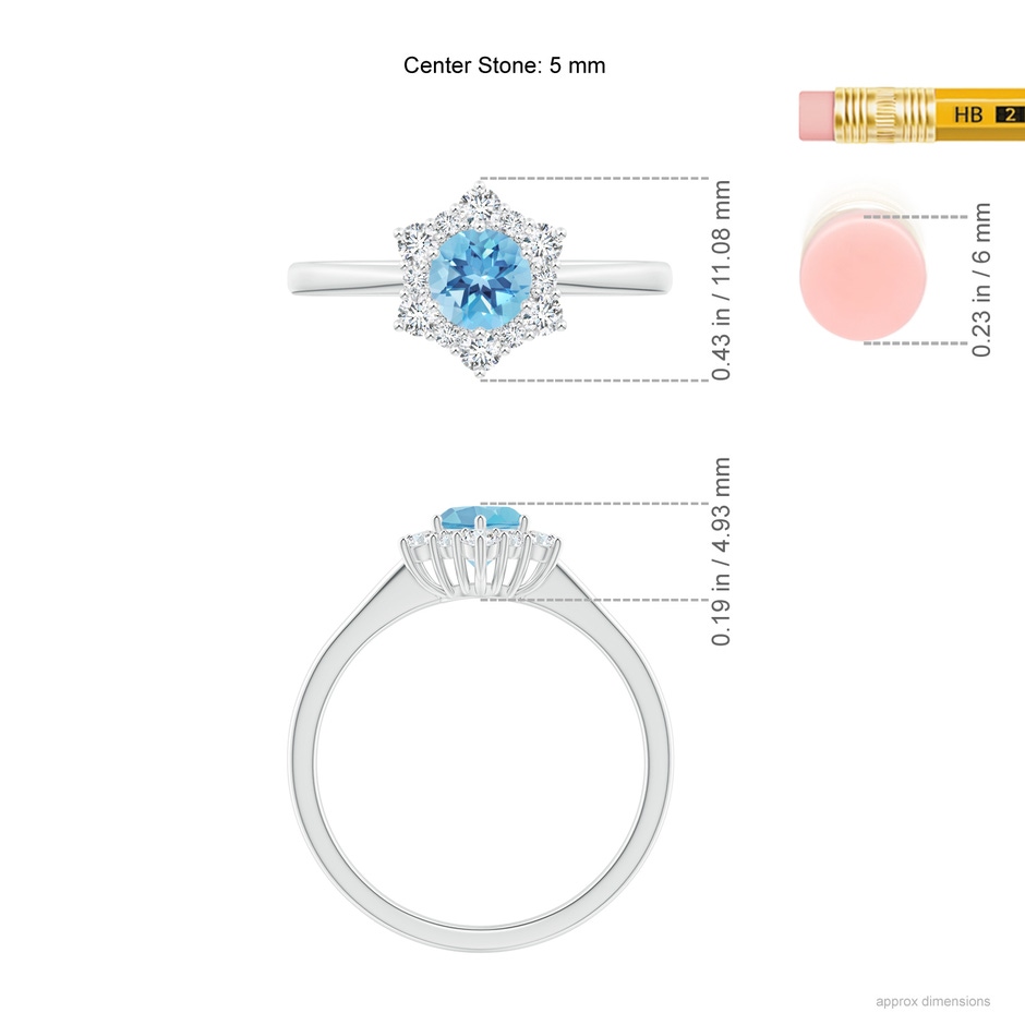 5mm A Swiss Blue Topaz and Diamond Floral Halo Engagement Ring in White Gold ruler