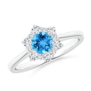 5mm AAA Swiss Blue Topaz and Diamond Floral Halo Engagement Ring in White Gold
