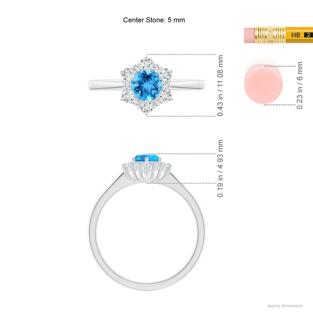 5mm AAA Swiss Blue Topaz and Diamond Floral Halo Engagement Ring in White Gold Ruler