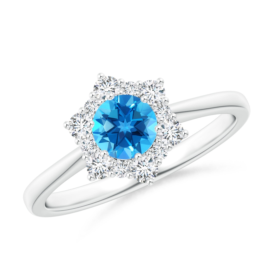 5mm AAAA Swiss Blue Topaz and Diamond Floral Halo Engagement Ring in P950 Platinum