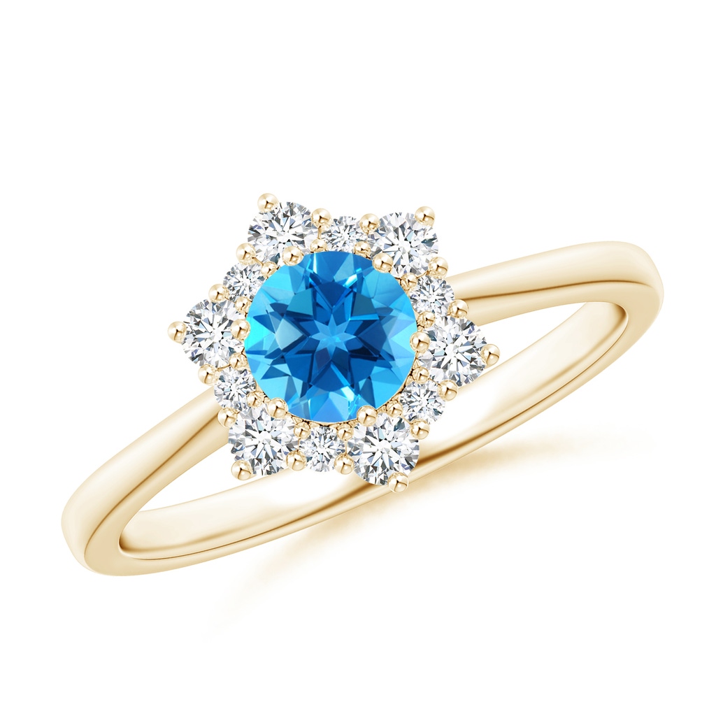 5mm AAAA Swiss Blue Topaz and Diamond Floral Halo Engagement Ring in Yellow Gold