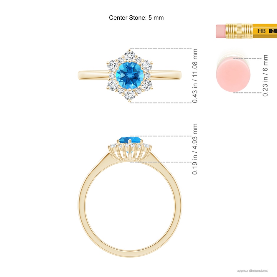 5mm AAAA Swiss Blue Topaz and Diamond Floral Halo Engagement Ring in Yellow Gold ruler