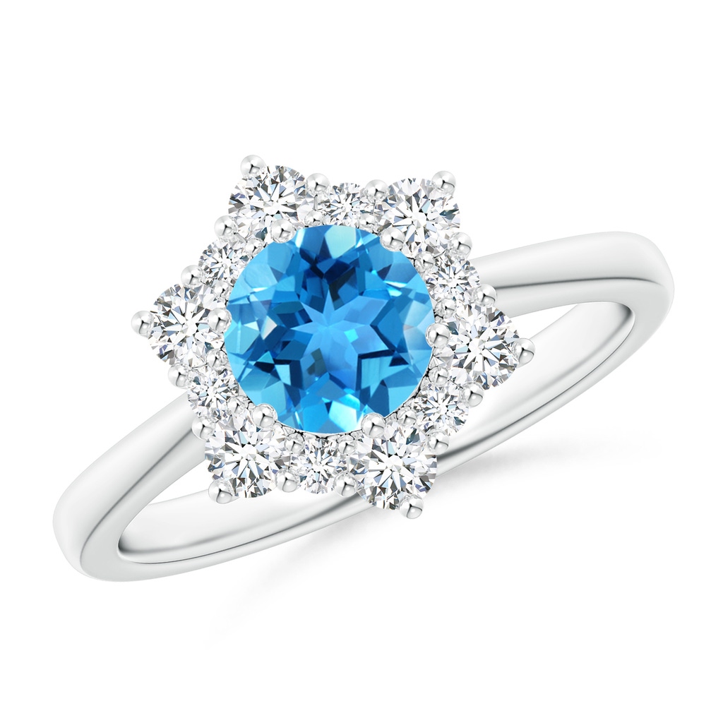 6mm AAA Swiss Blue Topaz and Diamond Floral Halo Engagement Ring in White Gold