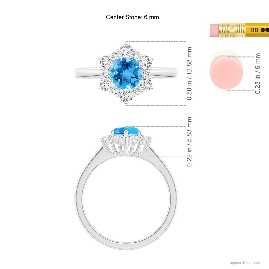 6mm AAA Swiss Blue Topaz and Diamond Floral Halo Engagement Ring in White Gold Ruler