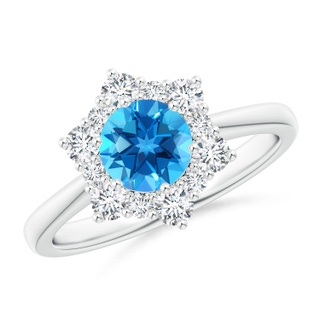 6mm AAAA Swiss Blue Topaz and Diamond Floral Halo Engagement Ring in P950 Platinum