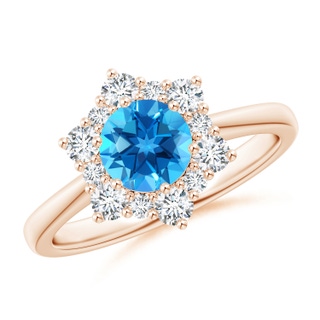 6mm AAAA Swiss Blue Topaz and Diamond Floral Halo Engagement Ring in Rose Gold