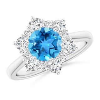 7mm AAA Swiss Blue Topaz and Diamond Floral Halo Engagement Ring in White Gold