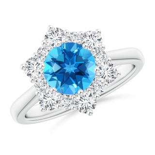 7mm AAAA Swiss Blue Topaz and Diamond Floral Halo Engagement Ring in P950 Platinum