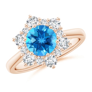 7mm AAAA Swiss Blue Topaz and Diamond Floral Halo Engagement Ring in Rose Gold