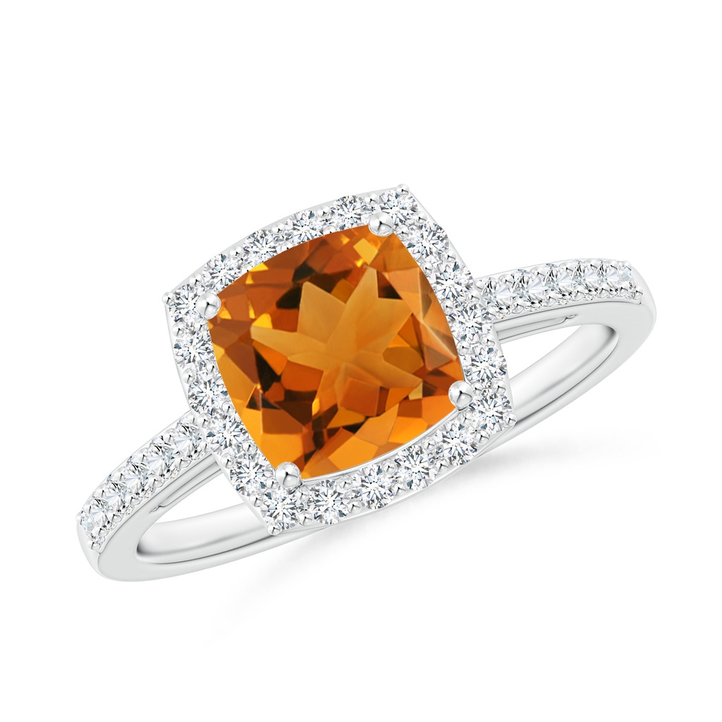 7mm AAA Cushion Citrine Engagement Ring with Diamond Halo in White Gold