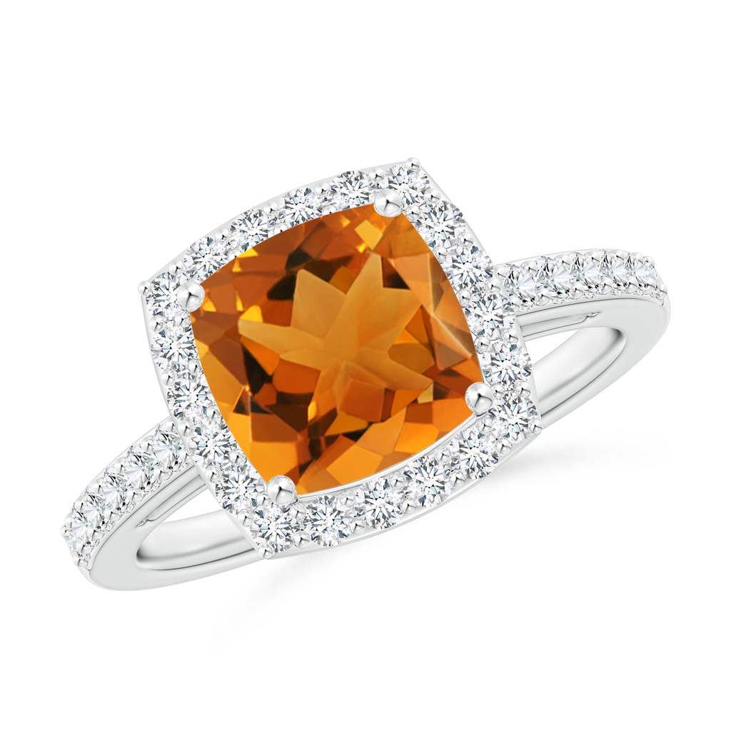 8mm AAA Cushion Citrine Engagement Ring with Diamond Halo in White Gold