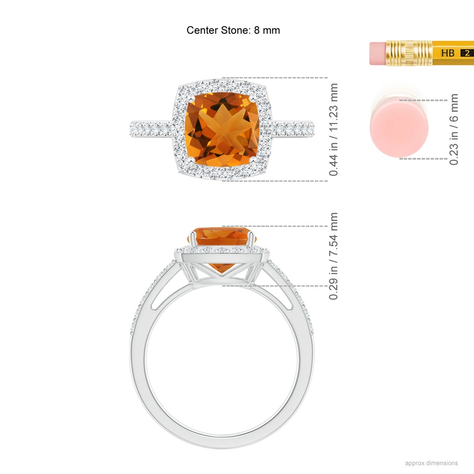 8mm AAA Cushion Citrine Engagement Ring with Diamond Halo in White Gold ruler