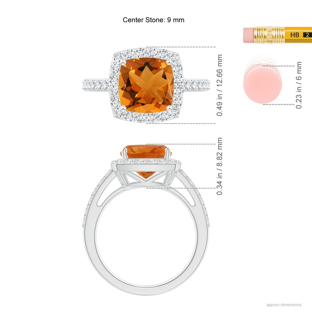9mm AAA Cushion Citrine Engagement Ring with Diamond Halo in White Gold Ruler