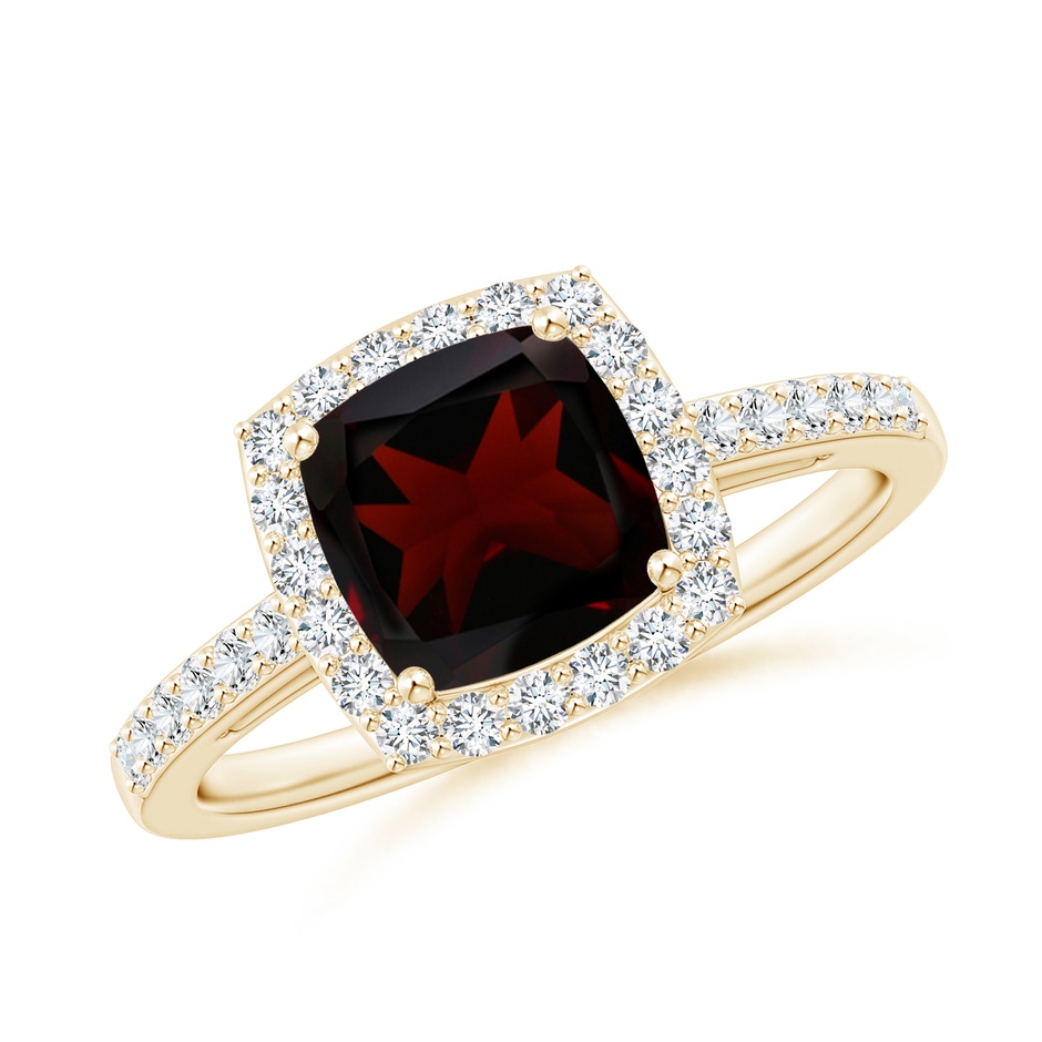 7mm A Cushion Garnet Engagement Ring with Diamond Halo in Yellow Gold 
