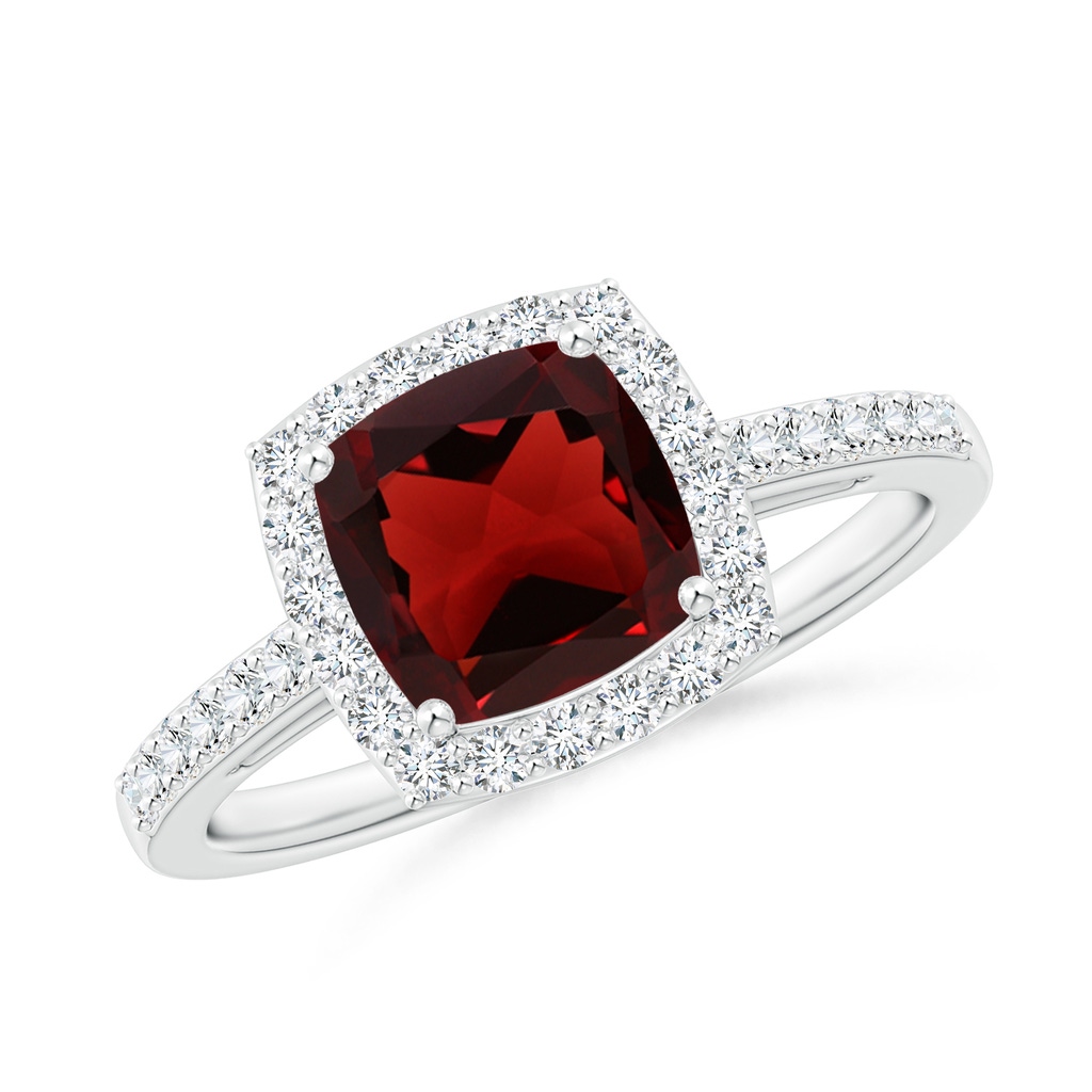 7mm AAA Cushion Garnet Engagement Ring with Diamond Halo in White Gold