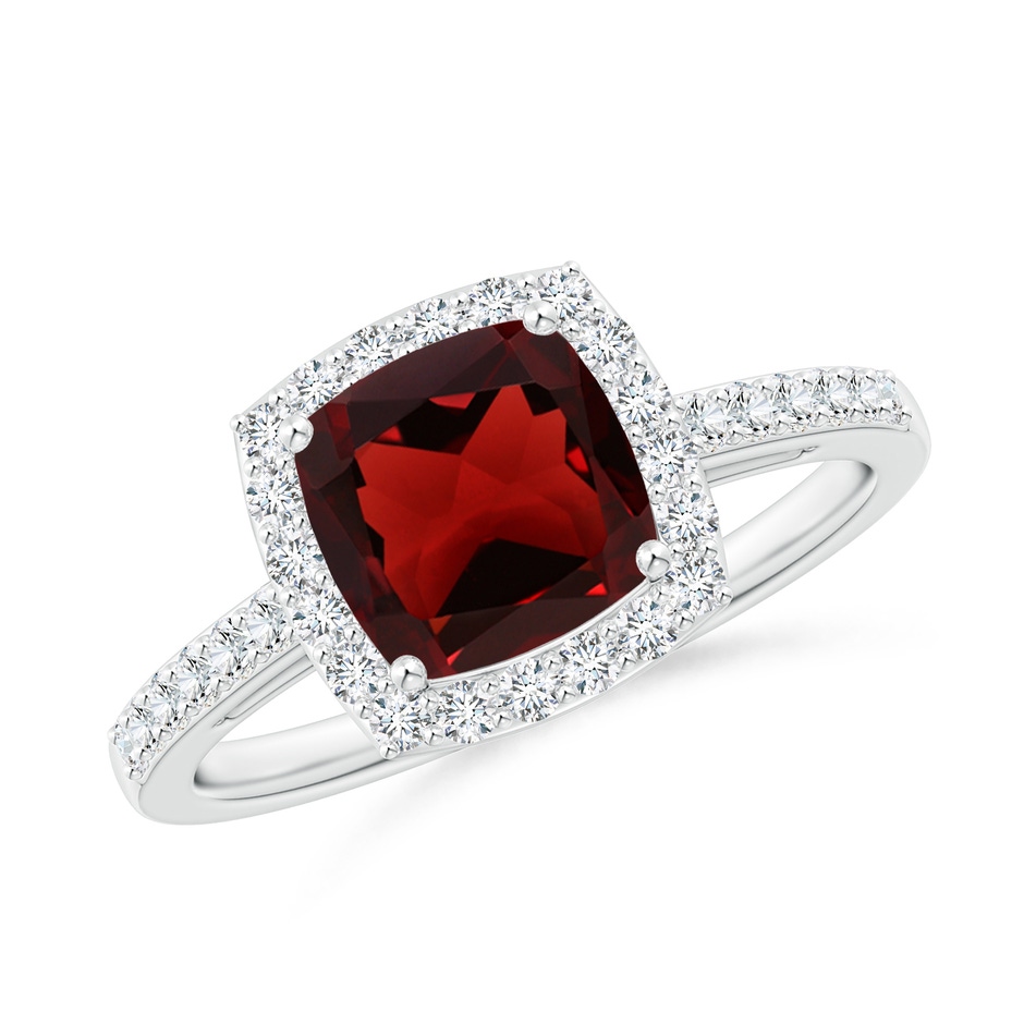 7mm AAA Cushion Garnet Engagement Ring with Diamond Halo in White Gold 