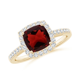 7mm AAA Cushion Garnet Engagement Ring with Diamond Halo in Yellow Gold
