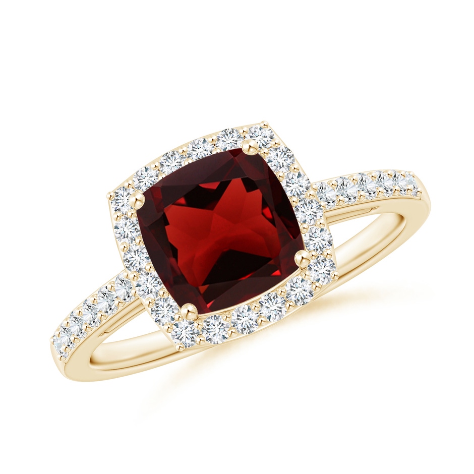 7mm AAA Cushion Garnet Engagement Ring with Diamond Halo in Yellow Gold 