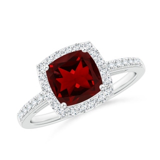 7mm AAAA Cushion Garnet Engagement Ring with Diamond Halo in White Gold