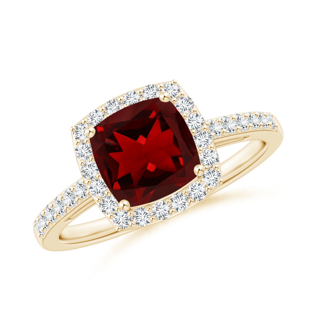 7mm AAAA Cushion Garnet Engagement Ring with Diamond Halo in Yellow Gold