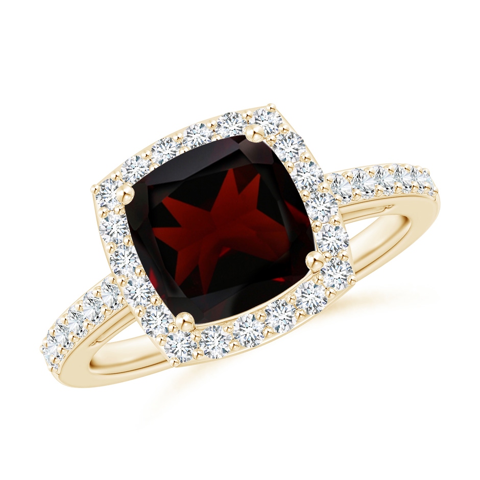 8mm A Cushion Garnet Engagement Ring with Diamond Halo in Yellow Gold 