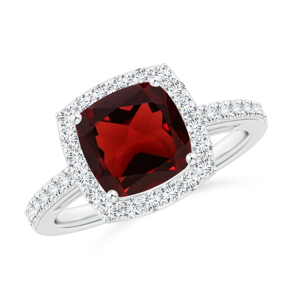 8mm AAA Cushion Garnet Engagement Ring with Diamond Halo in White Gold 