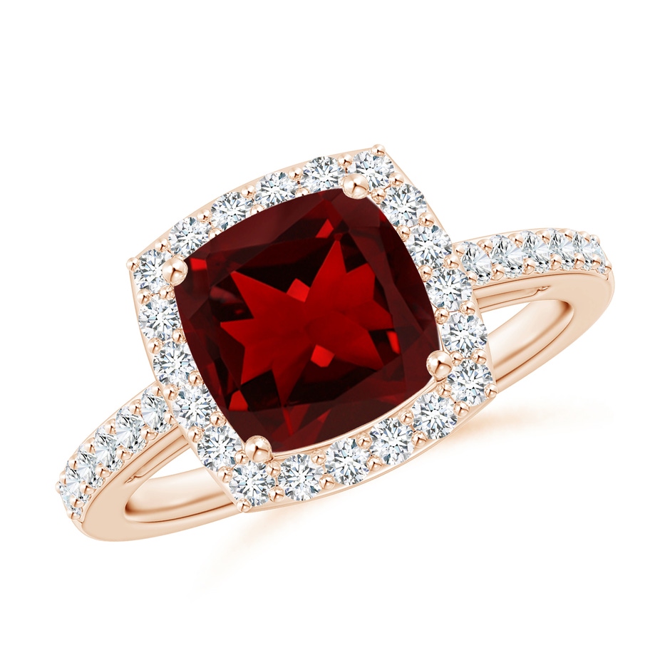 8mm AAAA Cushion Garnet Engagement Ring with Diamond Halo in Rose Gold 