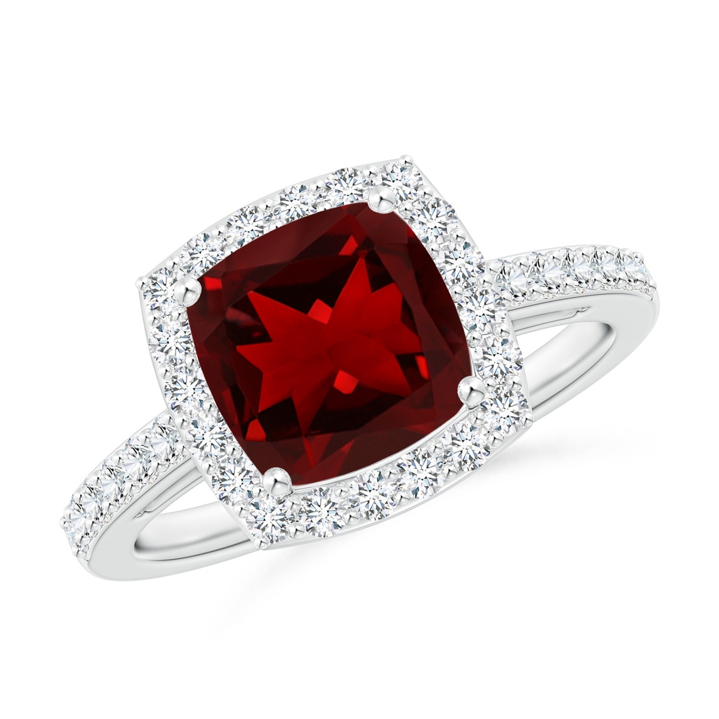 8mm AAAA Cushion Garnet Engagement Ring with Diamond Halo in White Gold