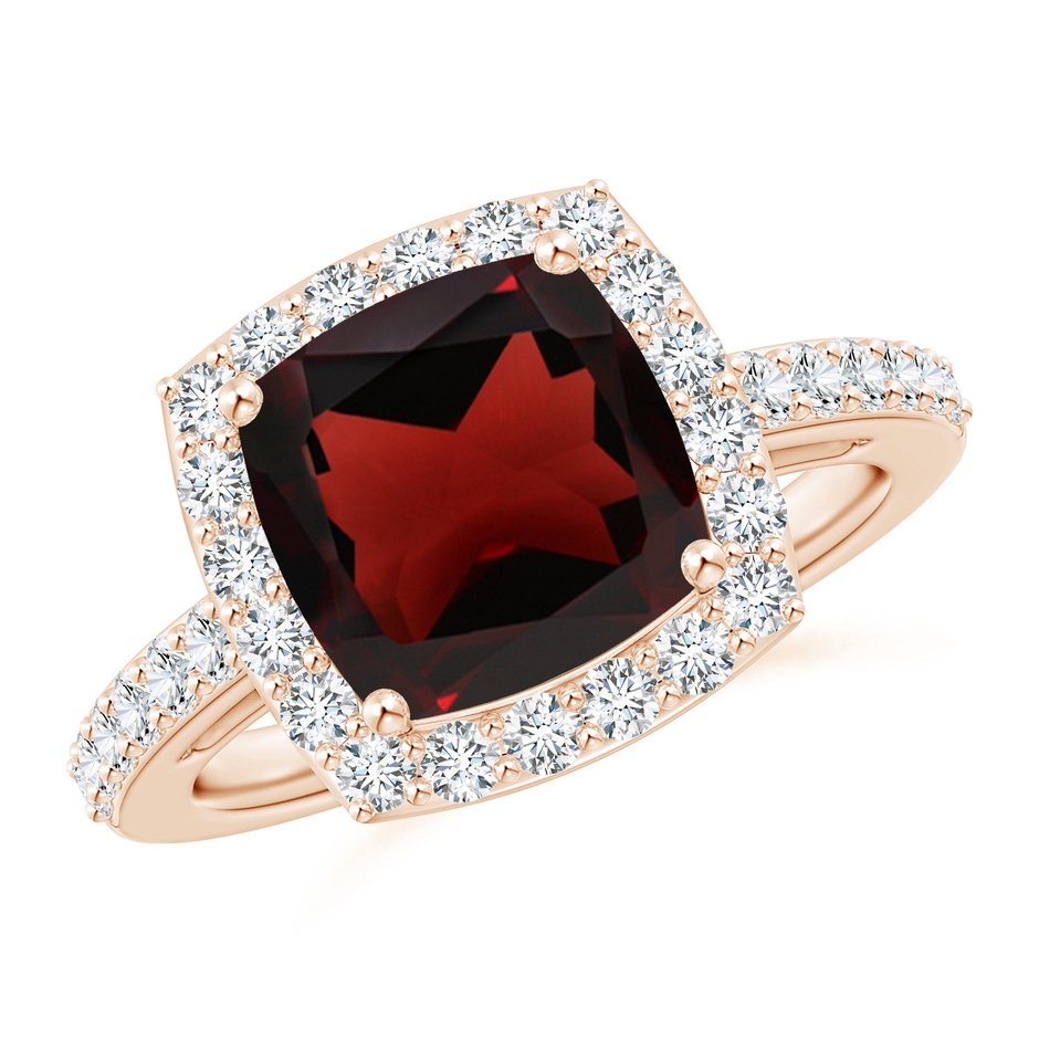 9mm AA Cushion Garnet Engagement Ring with Diamond Halo in Rose Gold 
